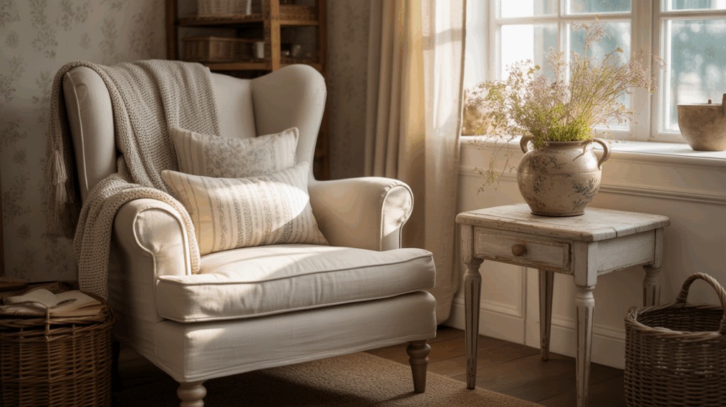earthy cottagecore reading nook with a vintage armchair, chunky knit throw, soft blanket, and natural wood side table styled with a floral arrangement and cozy layered textures
