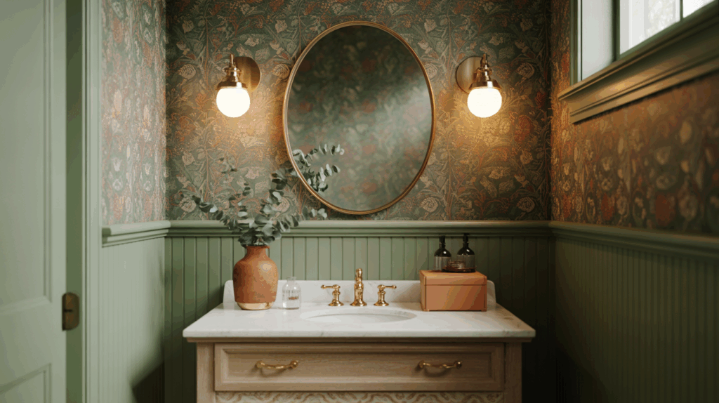 nature inspired earthy cottagecore powder room with sage green wainscoting, lightwood vintage vanity with marble top and floral arts and crafts motif earth-toned wallpaper