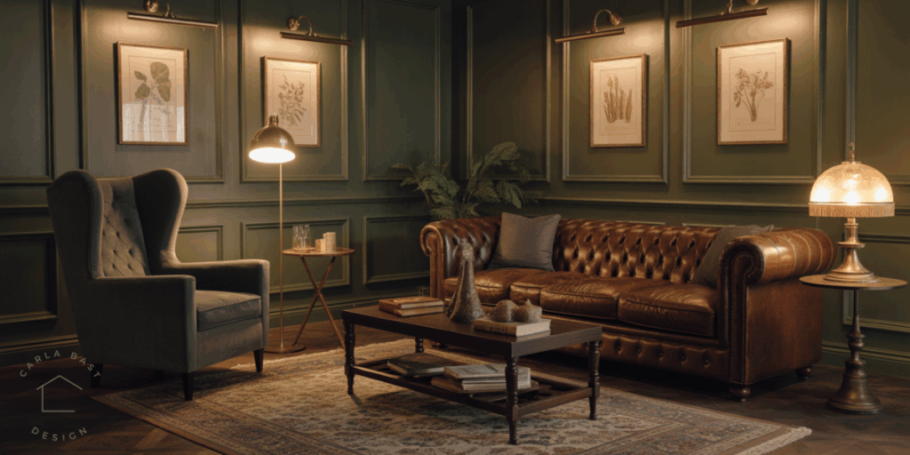den with dark green paneled walls, charcoal gray wing back chair, brown chesterfield sofa and framed wall art