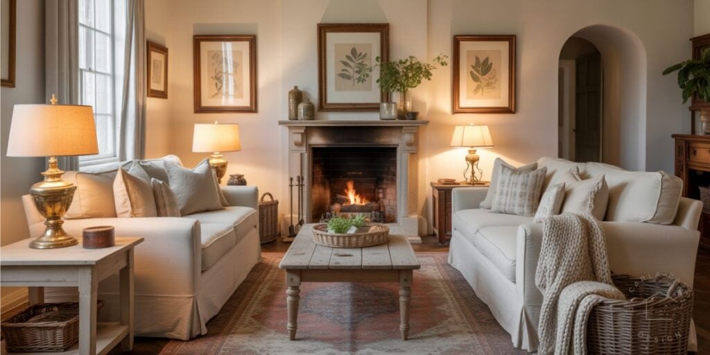 earthy cottagecore living room with a centered fireplace, two matching slipcovered sofas, wood coffee table, natural textures, and warm layered neutrals for a cozy, nature-inspired home