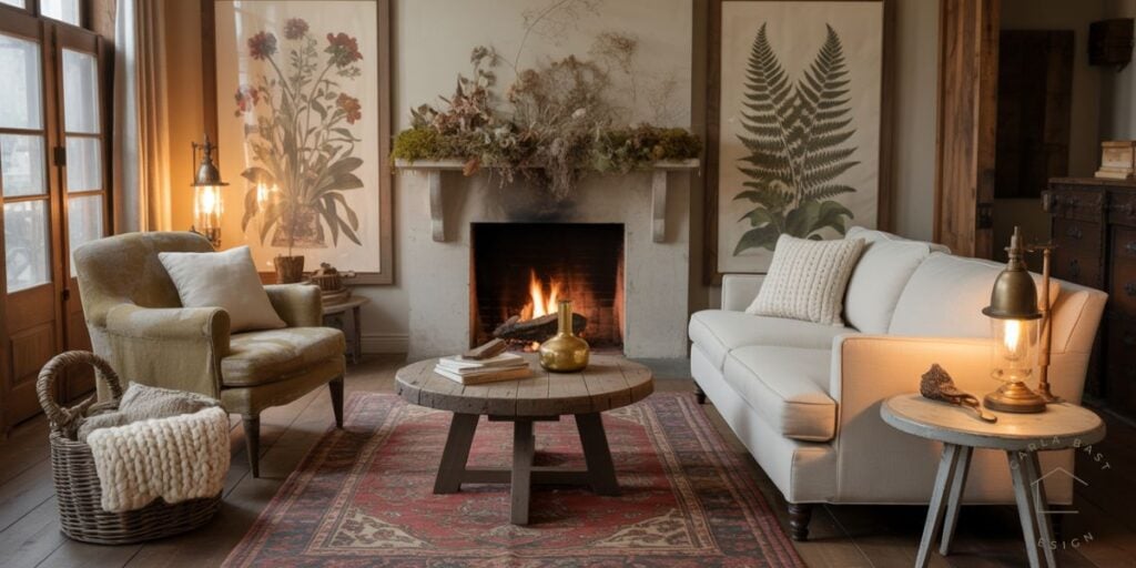 a dramatic and earthy cottagecore living room with olive green velvet vintage chair, creamy white linen sofa, rustic wood tables with vintage brass lamps, woven basket with white chunky throw blanket and rustic vintage rug flanks a simple fireplace and large framed botanical prints