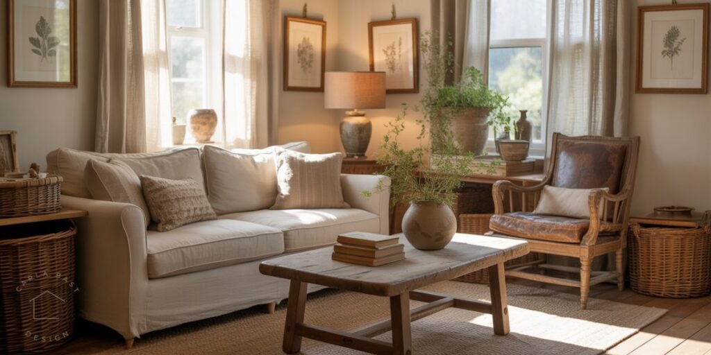 earthy cottagecore living room corner with indoor plants in clay vases, woven wicker baskets, and a textured neutral rug creating a warm, nature-inspired design vignette