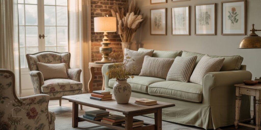 a cozy earthy cottage core living room with two matching vintage floral chairs, sage green sofa, rustic brick accent wall and vintage wood tables.