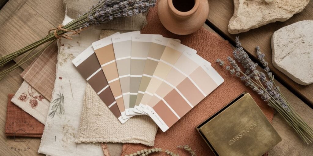 flat lay of earthy cottagecore color palette with sage green, warm brown, creamy white, textured fabrics, leather, natural materials of stone, and floral patterns for a cozy nature-inspired interior design look