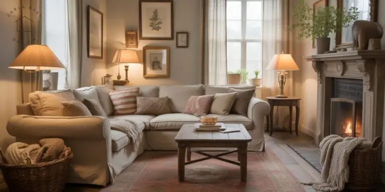 earthy cottagecore living room with slipcovered sofa, vintage floral pillows, vintage rug and rustic wood table near a wood burning fireplace