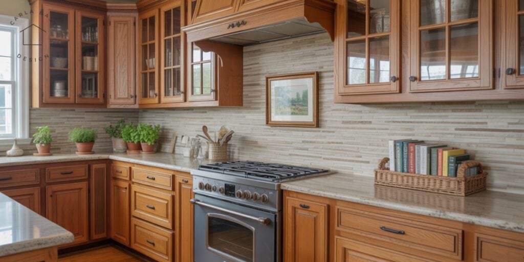 honey oak kitchen cabinets in a kitchen with earthy cottagecore styling