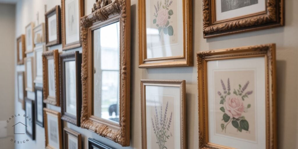 a vintage gallery wall in a hallway showing a collection of one-of-a-kind frames botanical prints and photos