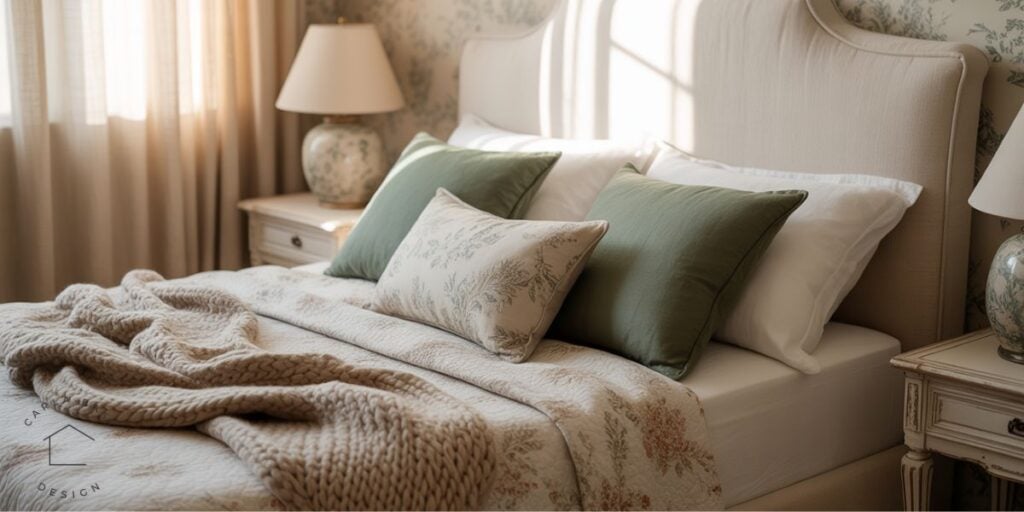 earthy cottagecore bedroom with cream upholstered headboard, vintage floral motif bedding, sage green pillows and a chunky throw blanket