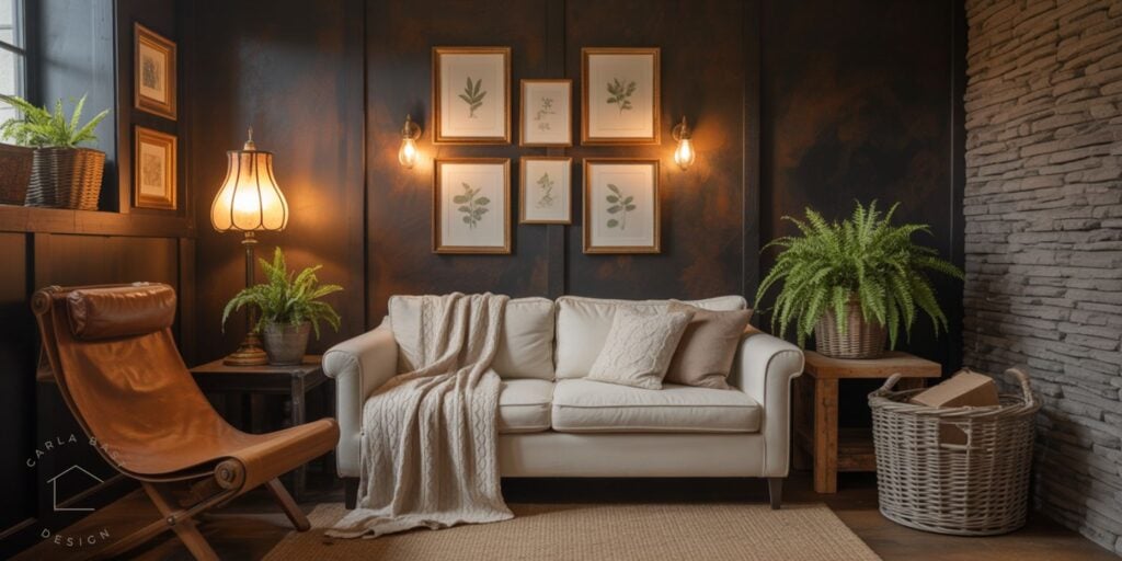 cozy den with dark green and stone accent walls, vintage botanical art, leather sling chair and vintage lamp.