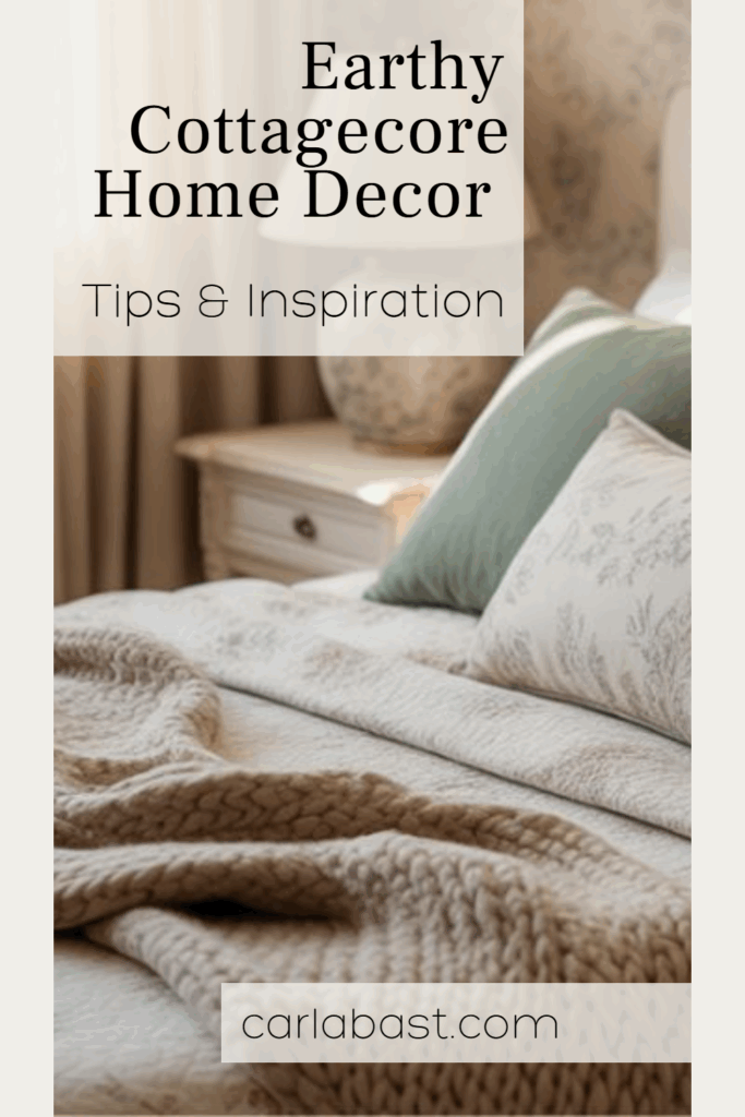 a cozy cottagecore bedroom with sage green pillows and floral linens