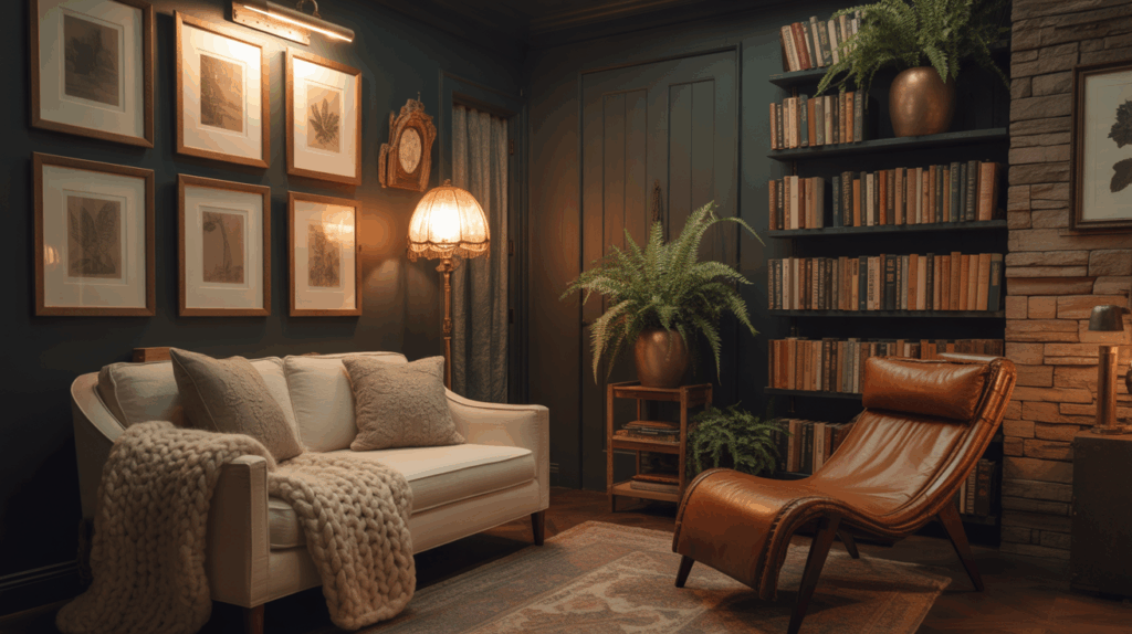 a cozy den with deep green walls, a lit art display, shelves of books, stone accent wall, and cozy seating