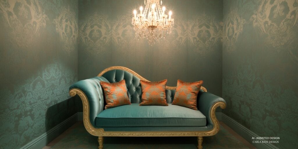 the life of a showgirl aesthetic green daybed and orange satin throw pillows green damask wallpaper crystal chandelier
