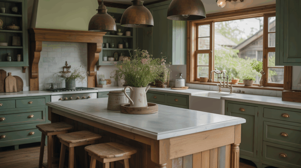 sage green kitchen cabinets in a warm and welcoming earthy cottagecore kitchen with open shelves and farmhouse sink
