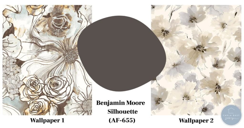 benjamin moore silhouette aff-655 and two beautiful floral wallpaper pairings