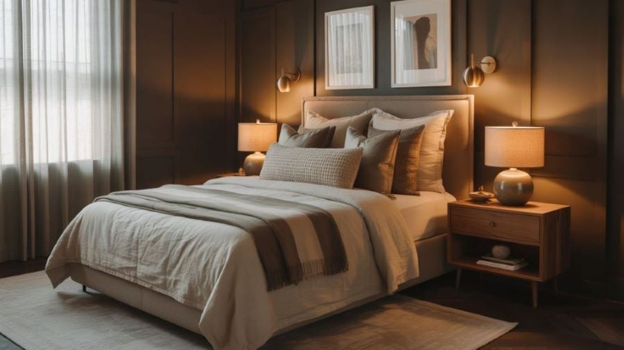 paneled bedroom walls painted in benjamin moore silhouette af-655 paired with cozy bedding of creamy neutrals