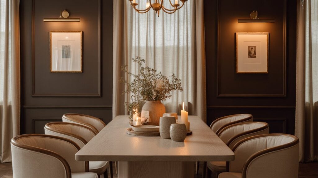dramatic and cozy dining room light wood table and cream chairs with paneled walls in benjamin moore silhouette