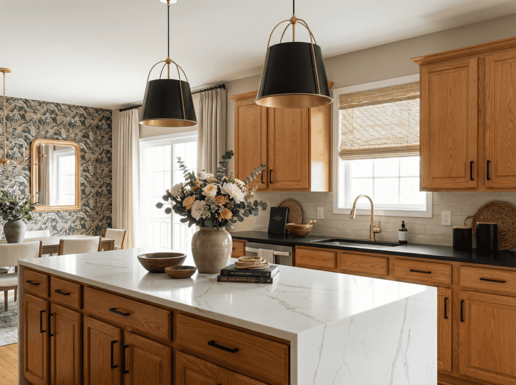 updated honey oak kitchen with warm undertones and black and gold accents - carla bast design kitchen refresh plan palette no.1