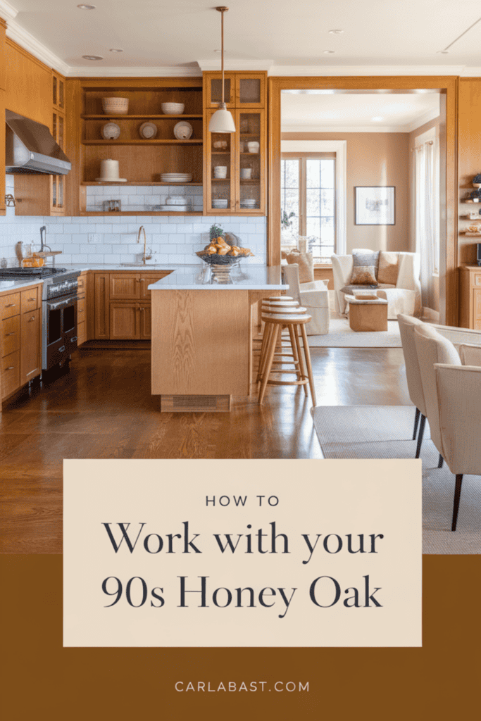 How to Work with Your Honey Oak Kitchen Cabinets and Trim by Carla Bast Design. Tips for updating 1990s honey oak homes without replacement. 
