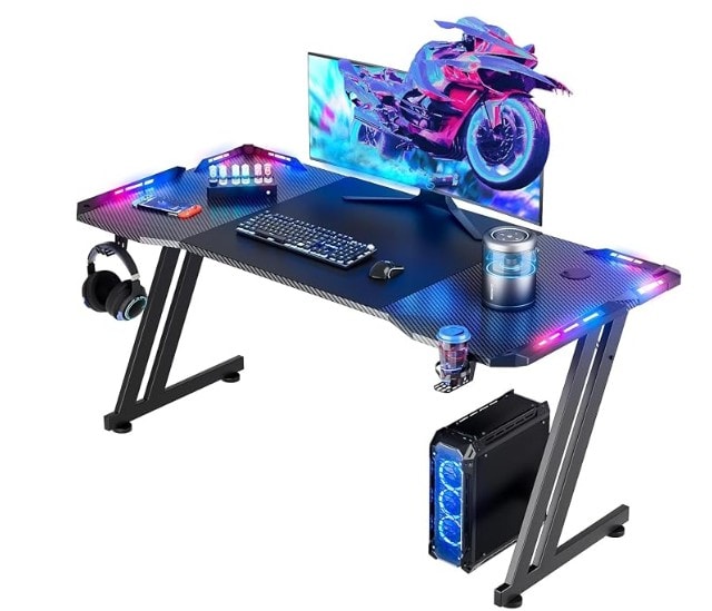 Gaming Desk with LED Lights, Carbon Fibre Surface