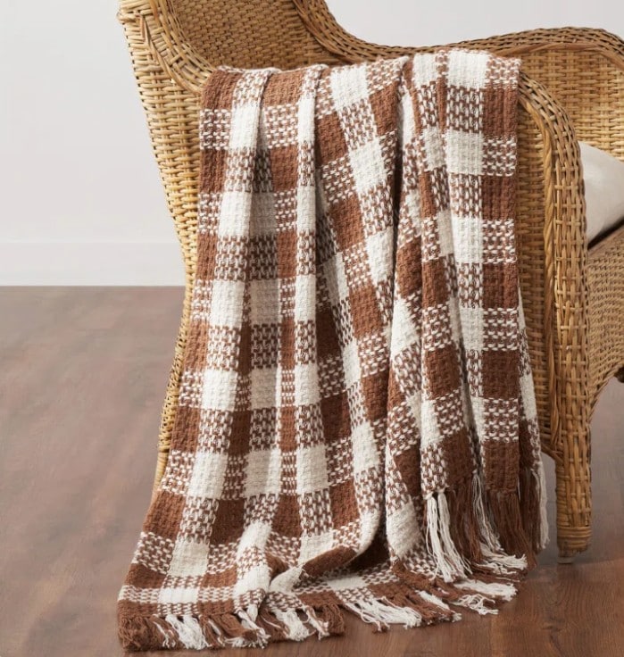 VHC Brands Dark Amber Woven Check Throw Blanket with Fringe
