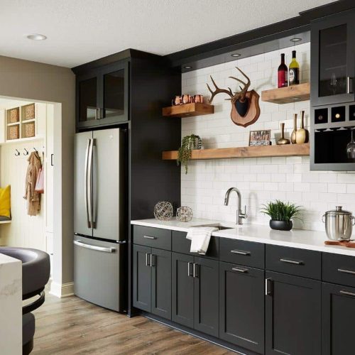 Black and white basement bar with spacious marble island