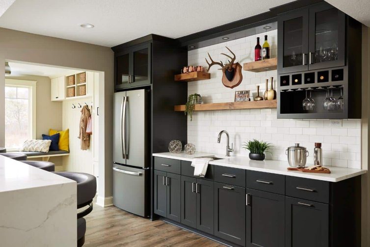 Charcoal Black Wet Bar, Subway Tile, Floating Wood Shelves, Drink Ledge, Snack Ledge