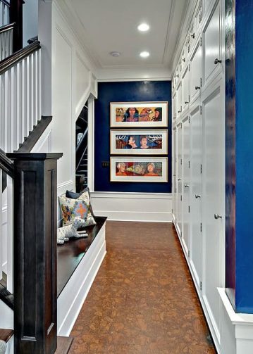 Hallway Mudroom, cork flooring, blue walls, glossy shiny, hall bench, 55419, hall pantry, luxury interior design, showcase house, cork floor, blue walls
