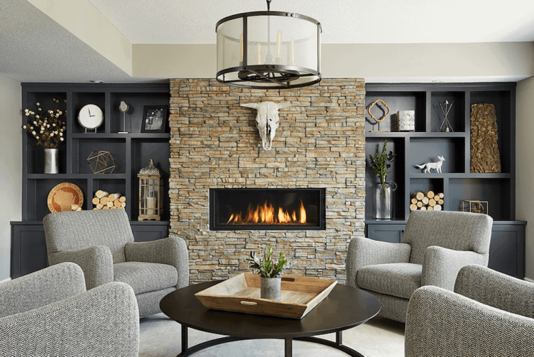 Linear Fireplace with Stone Surround and Custom Charcoal Grey Bookshelves