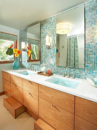 55424, oak, floating mirrors, glass tile, Vanity w/Backlit Mirror - Bathroom Remodel - Edina