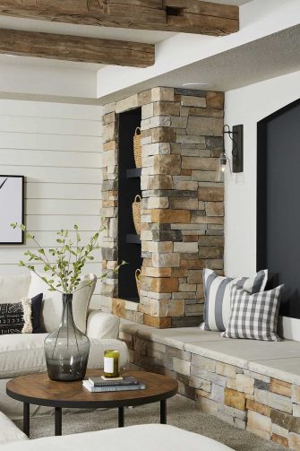 Modern Farmhouse Basement Family Room Stone Hearth