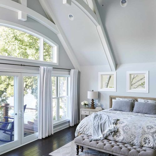 Vaulted Ceiling, White Ceiling Beams, Bedroom Balcony